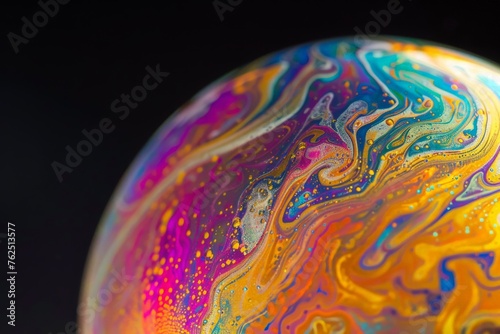 Close up of a soap bubble reflecting abstract patterns on a black background.