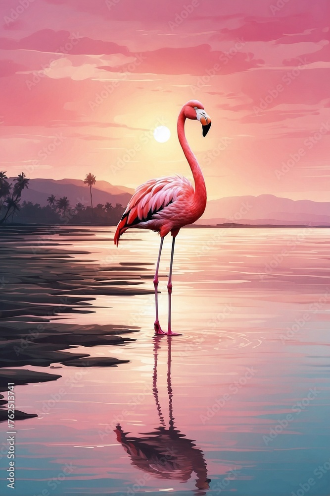 Pink Flamingo at Sunset: Perfect Water Smoothness and Atmospheric Landscape