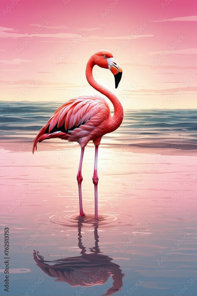 Pink Flamingos at Sunset: Perfect Water Smoothness and Atmospheric Landscape