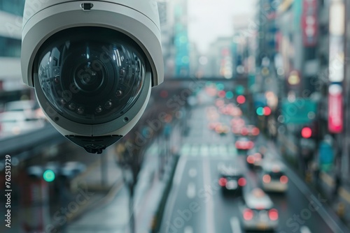 An AI-powered surveillance camera hangs from the side of a building, diligently monitoring its surroundings.