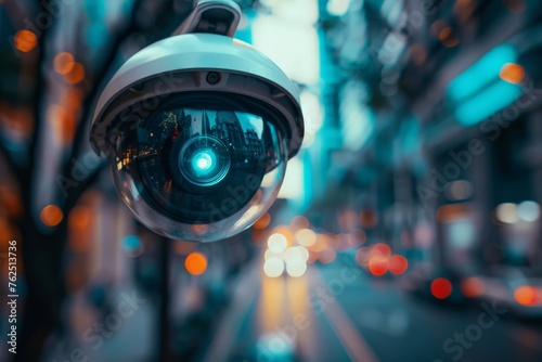 A close up of an AI powered surveillance camera capturing the city street.
