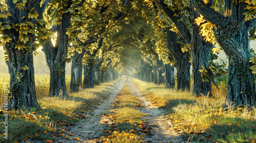 Vibrant Autumn Scene, Forest Road with Golden Leaves, Seasonal Beauty and Scenic Path