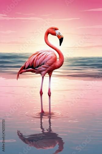 Obraz na płótnie Pink Flamingos at Sunset: Perfect Water Smoothness and Atmospheric Landscape w salonie