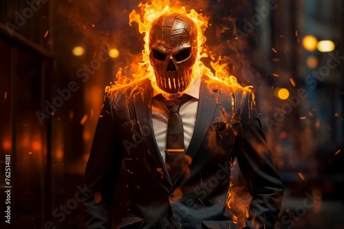 Striking Skull fire suit. Person smoke. Generate Ai
