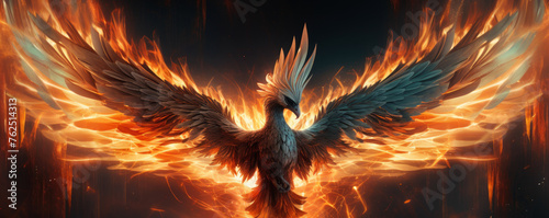 A fiery bird with a large, pointed beak and a long, feathery tail. The bird is surrounded by flames, giving the impression of a powerful and majestic creature