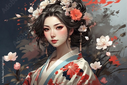 Painting of a Japanese Woman with Flowers in Her Hair