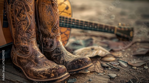Country music vibe with vintage cowboy boots and a classic guitar photo