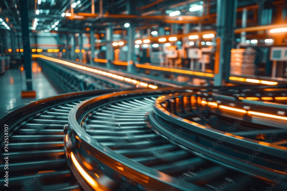 A maze-like conveyor belt system winds through a factory, illuminated by ambient lighting. A maze-like conveyor belt system winds through a factory, illuminated by ambient lighting.