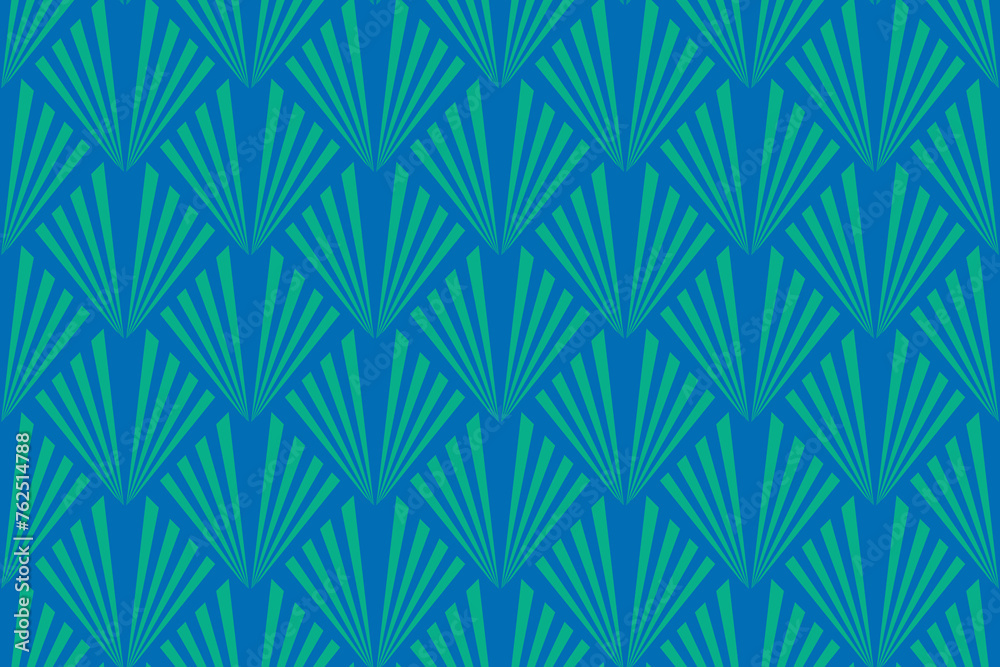 Art Deco Style Pattern Design With Fan Shaped Motifs. Blue and Green Retro Stylized Diamond Shape Seamless Patten Repeat.