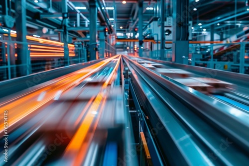 Conveyor belts in motion blur, showing dynamic industrial activity in a high-tech setting.