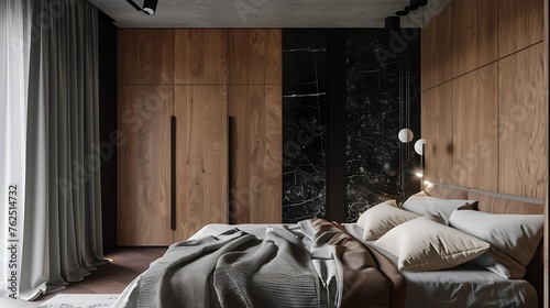 Transform your bedroom into a serene retreat with Scandinavian charm by integrating a wooden wardrobe with black marble doors, adding an element of sophistication to the space. attractive look