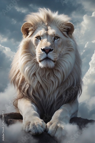 White Lion Sitting on Top of Cloudy Sky, Long Wavy Fur.