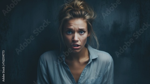 Fear on the face of a young woman standing against an isolated background.