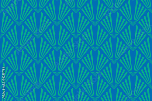 Art Deco Style Pattern Design With Fan Shaped Motifs. Blue and Green Retro Stylized Diamond Shape Seamless Patten Repeat.