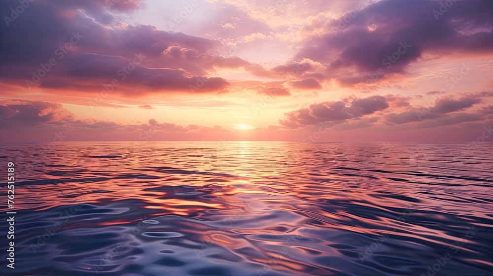 Hyper realistic background, sunny sky reflected in the water. Sea surface, ocean, sunset, rays, aqua, emptiness, no one, beautiful unrealistic landscape. Loneliness concept. Generative by AI