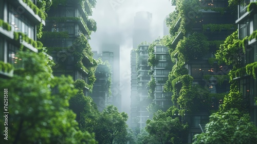Verdant urban oasis towers reaching into an overcast sky in a misty cityscape