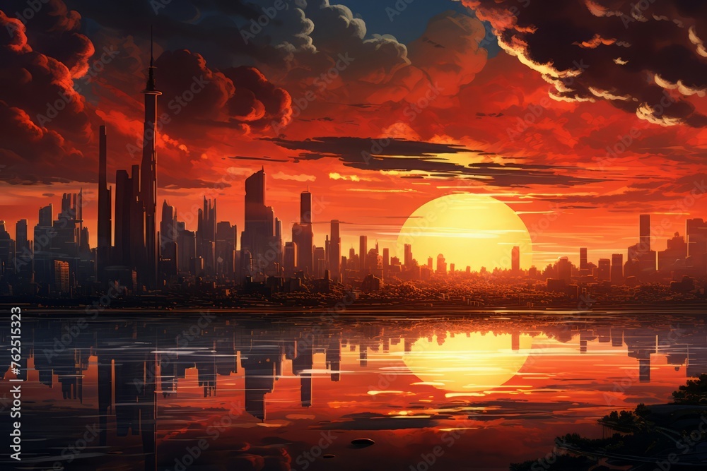 Fototapeta premium Reflective Skyline city sunset lake. Modern urban. Generate Ai