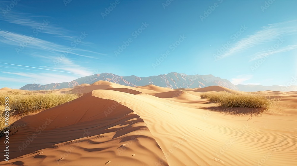 Fototapeta premium Endless desert, dune, hills, dunes, cloudless sky, sand, mountains in the background, drought, scorching sun, heat, wasteland. The concept of loneliness and hopelessness. Generative by AI