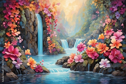 Painting of a Waterfall in the Forest  Magical Multicolored Flowers