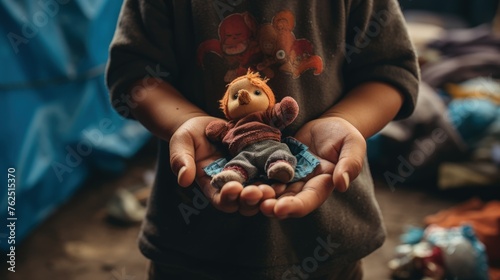Hands of a child holding a toy in a temporary shelter