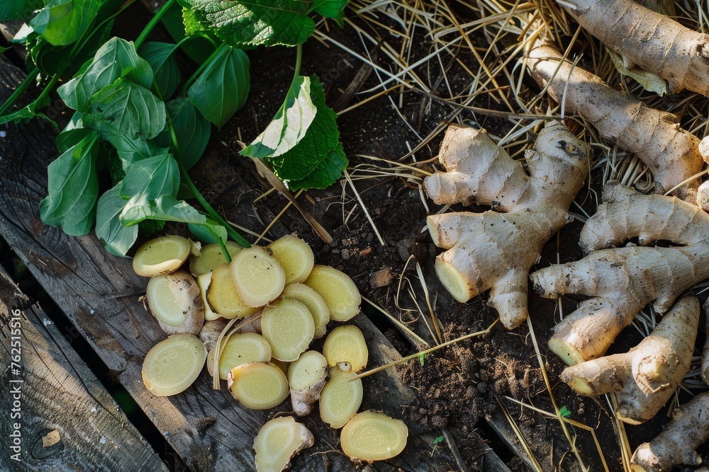 Freshly picked organic ginger root cut into slices on wooden table with leaves, straw and soil in the field. Top view. Freshly picked organic ginger root cut into slices on wooden table with leaves, straw and soil in the field. Top view.
