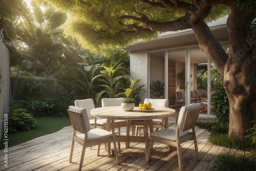 Courtyard with a Tiny House under a Tropical Tree photo