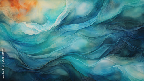 A painting of a wave with blue and orange colors. The blue and orange colors create a sense of movement and energy, while the wave itself represents the power and unpredictability of the ocean