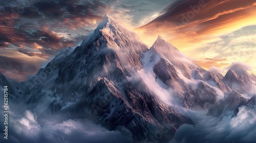 Mountains, snow, winter, clouds, wind, very high, rocks, white and tones, snow capped peaks, north and south poles, unusual landscape, highland, nature. Generative by AI