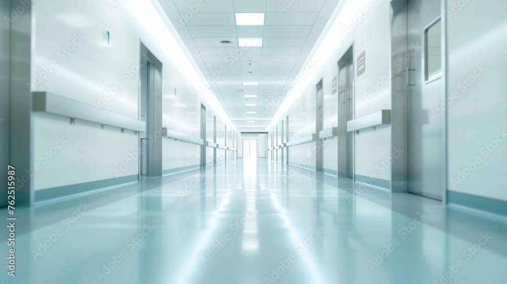 Long hospital bright corridor with rooms
