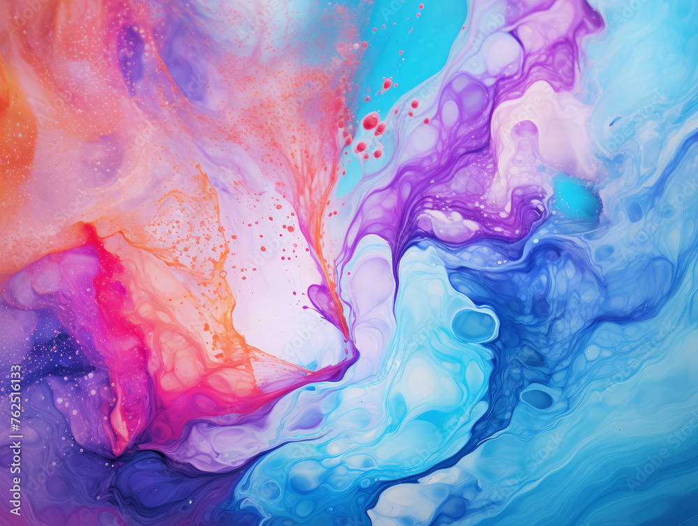 A colorful painting with a blue and orange swirl. The painting is full of bright colors and has a lot of texture. The colors seem to be swirling together, creating a sense of movement and energy