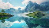 Mountains, lake, summer, clouds, wind, very high, rocks, white and green tones, snow capped peaks, realistic reflections in water, unusual landscape, highland, nature, horizon. Generative by AI