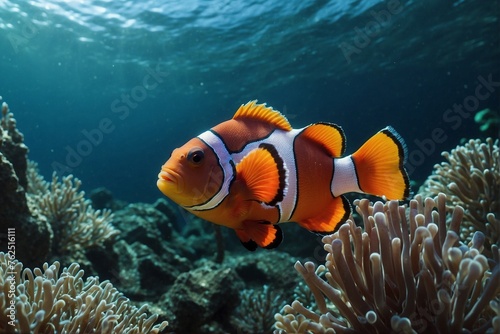 Clown fish pair swimming in water with anemones. © alexx_60