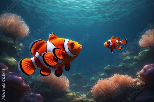Clown fish pair swimming in water with anemones.