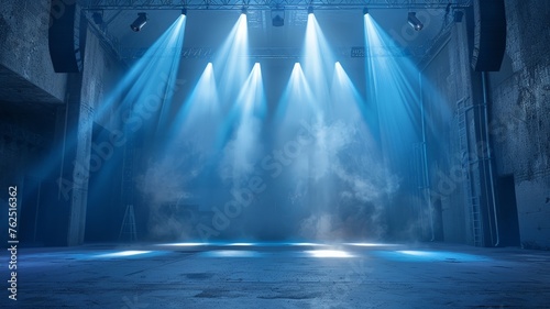 Dramatic blue stage lights illuminating an empty performance space with atmospheric haze © rorozoa