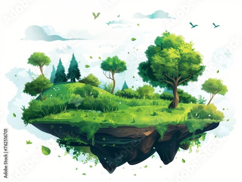 Illustration of an eco-friendly floating island with diverse flora, representing sustainable living and environmental care