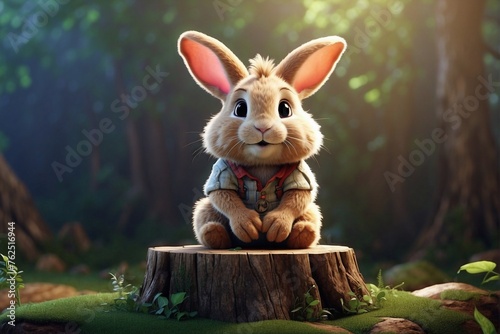 A smiling rabbit on top of a stump with fluffy ears.
