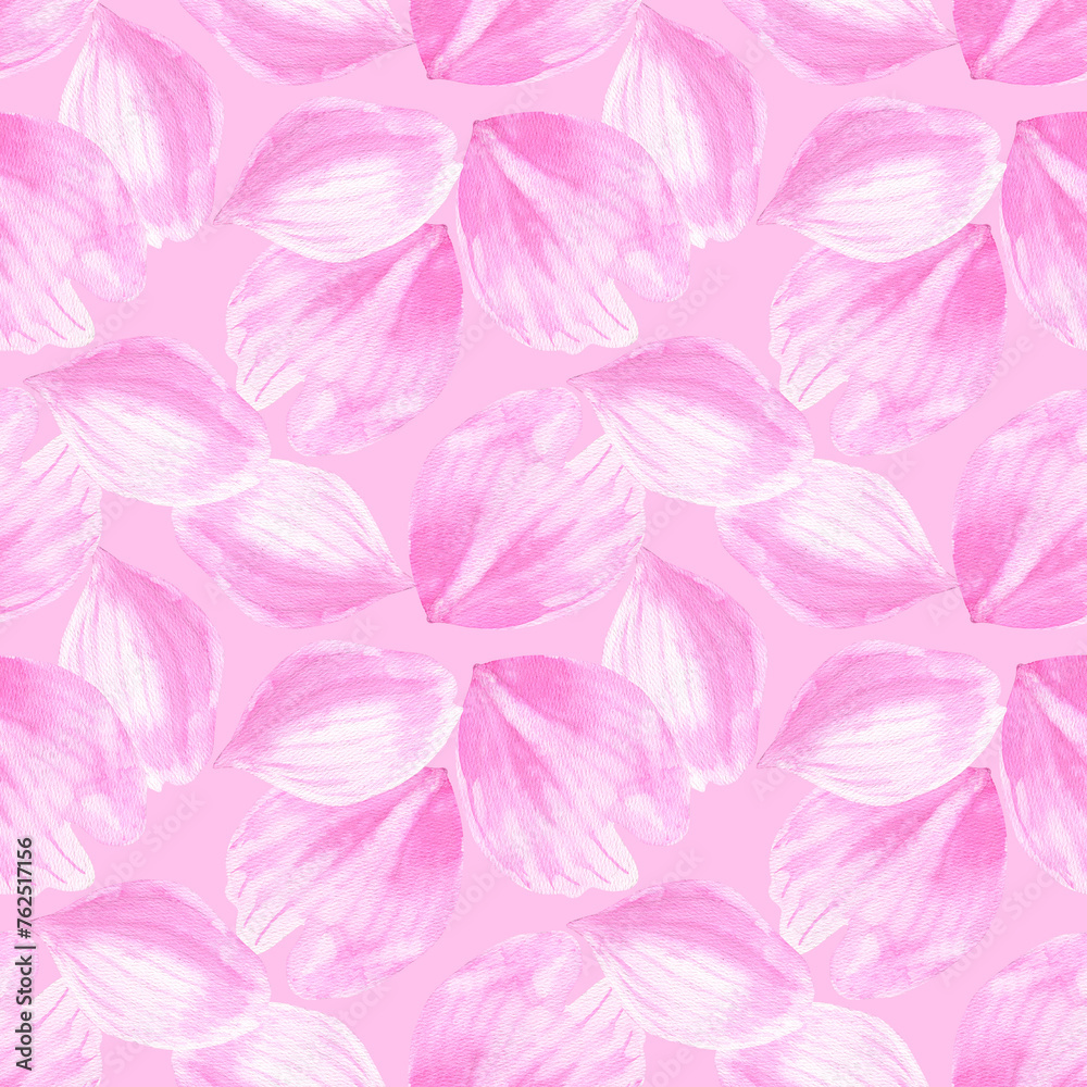 Watercolour Sakura spring flowers petals illustration seamless pattern. Seasonal Cherry blossom. On pink background. Hand-painted. Botanical Floral elements. For print decoration, fabric, wrapping.