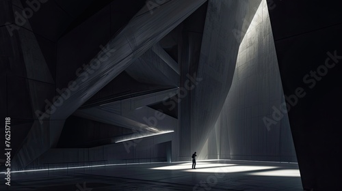 Illustration of hall, hall, performance space, stage, theater, philharmonic. Minimalism, brutalism, faded colors, smooth straight lines, one person, concrete. Loneliness concept. Generative by AI