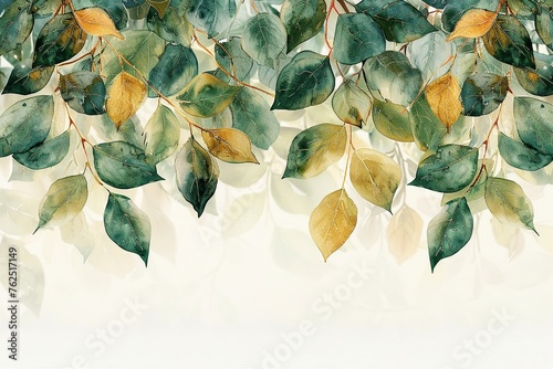 Green and gold leaves watercolor seamless border soft light closeup for wedding stationary
