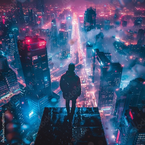 Parallel universe self walking on a futuristic cityscape night birdseye view neon lit scifi atmosphere