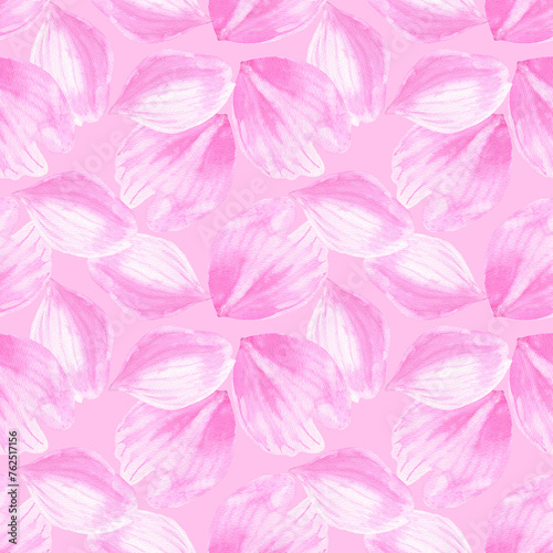Watercolour Sakura spring flowers petals illustration seamless pattern. Seasonal Cherry blossom. On pink background. Hand-painted. Botanical Floral elements. For print decoration, fabric, wrapping. © Nataliia