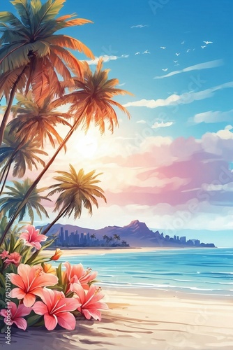 Tropical flowers lie on a white sandy beach on the shore of the azure ocean