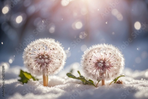 White Dandelions on Snowy Ground  Sparkling Silver and Soft Glowing Lights