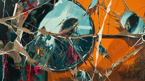 Abstract image of broken glass mirror  fragments  cracks  damage  reflections  fragments  adeptness  creativity  conceptual art. Reflection of a fragmented reality concept. Generative by AI