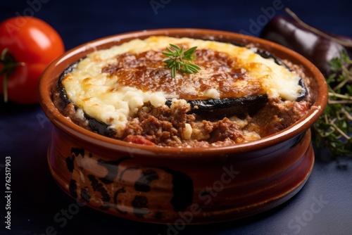 Hearty moussaka in a clay dish against a painted acrylic background