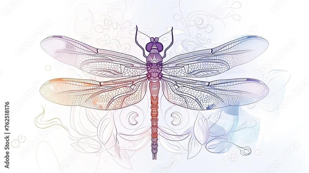Abstract image of a dragonfly, on a white background, hand drawn style, thin lines and shadows, profile, spread wings, insect, transparent, close up. Generative by AI Abstract image of a dragonfly, on a white background, hand drawn style, thin lines and shadows, profile, spread wings, insect, transparent, close up. Generative by AI