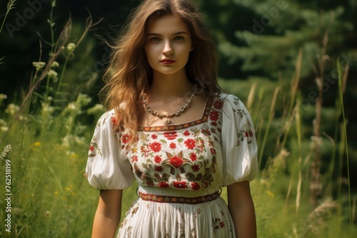 Bucolic Slavic girl in sundress in rural meadow. Traditional dressed woman in wild nature field. Generate ai photo