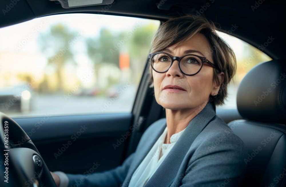 Joyful Drive: Smiling Stylish Woman Enjoying the Ride