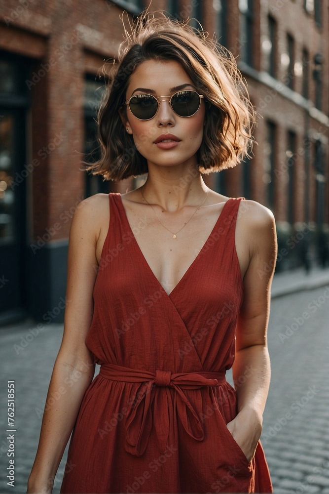 Young Woman Walking in the City in a Red Summer Dress