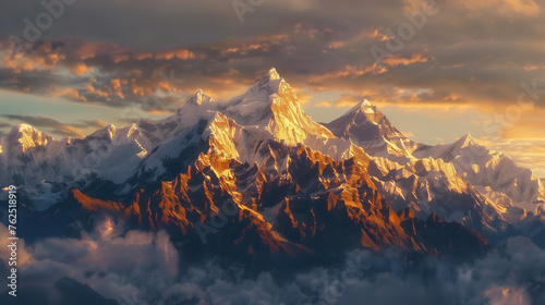 Majestuosas Montañas nevadas con tonos naranjas por el amanecer
